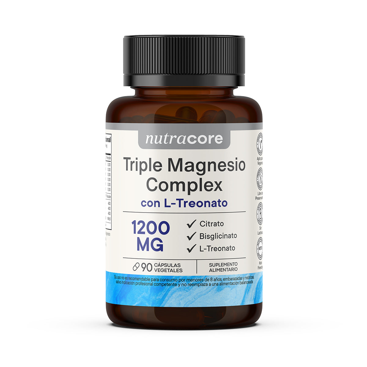 Suplemento Triple Magnesio Complex NutraCore 1200mg con L-Treonato, 90 cápsulas